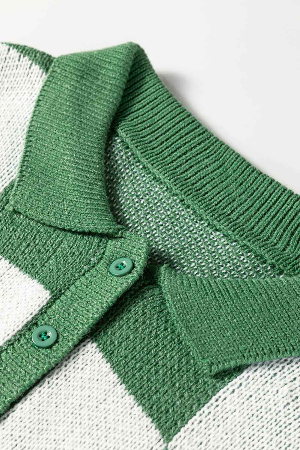 Mist Green Checkered V-Neck Collared Pullover Sweater