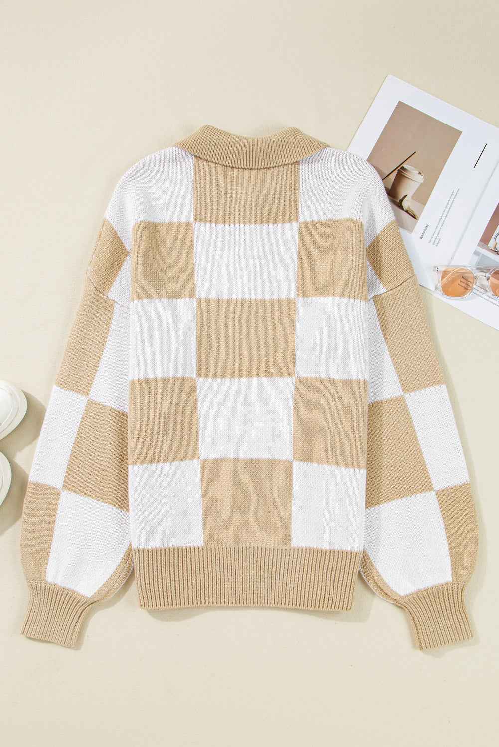 Mist Green Checkered V-Neck Collared Pullover Sweater