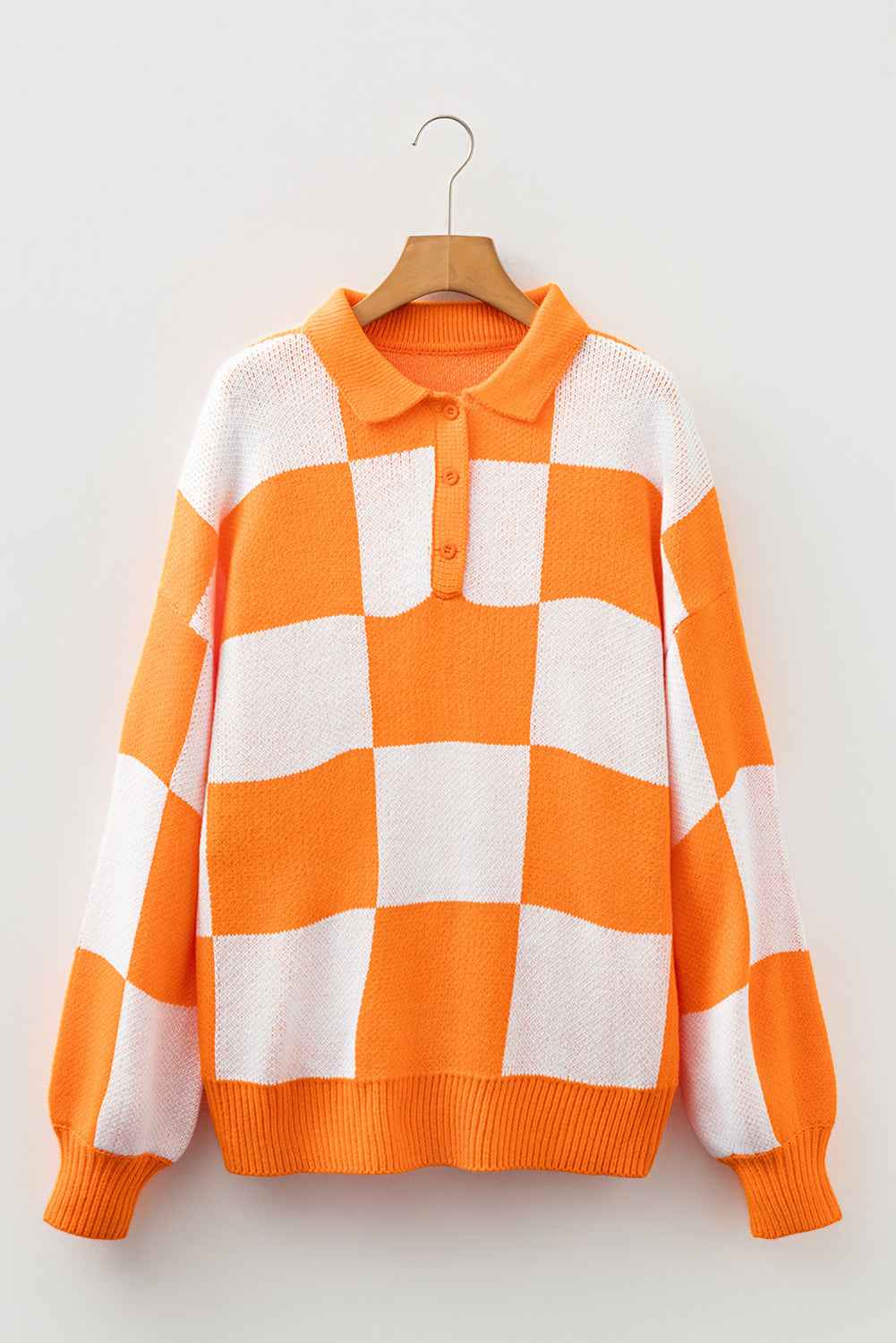 Mist Green Checkered V-Neck Collared Pullover Sweater