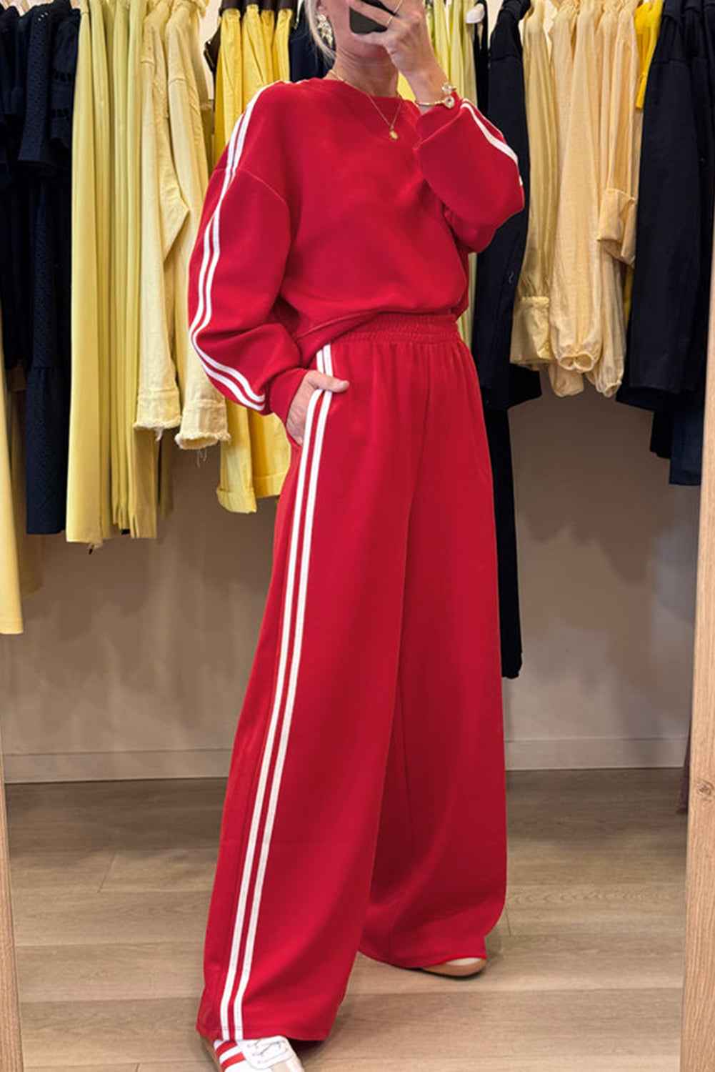 Gray Morn Varsity Striped Detail Cropped Pullover Wide Leg Pants 2pcs Outfit