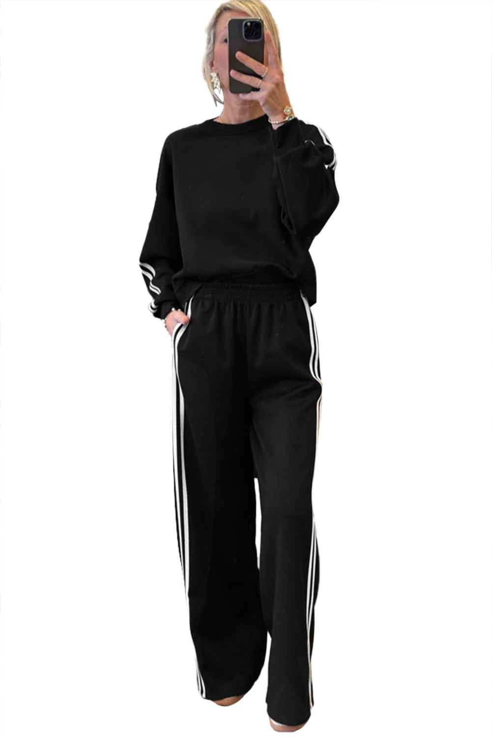 Gray Morn Varsity Striped Detail Cropped Pullover Wide Leg Pants 2pcs Outfit