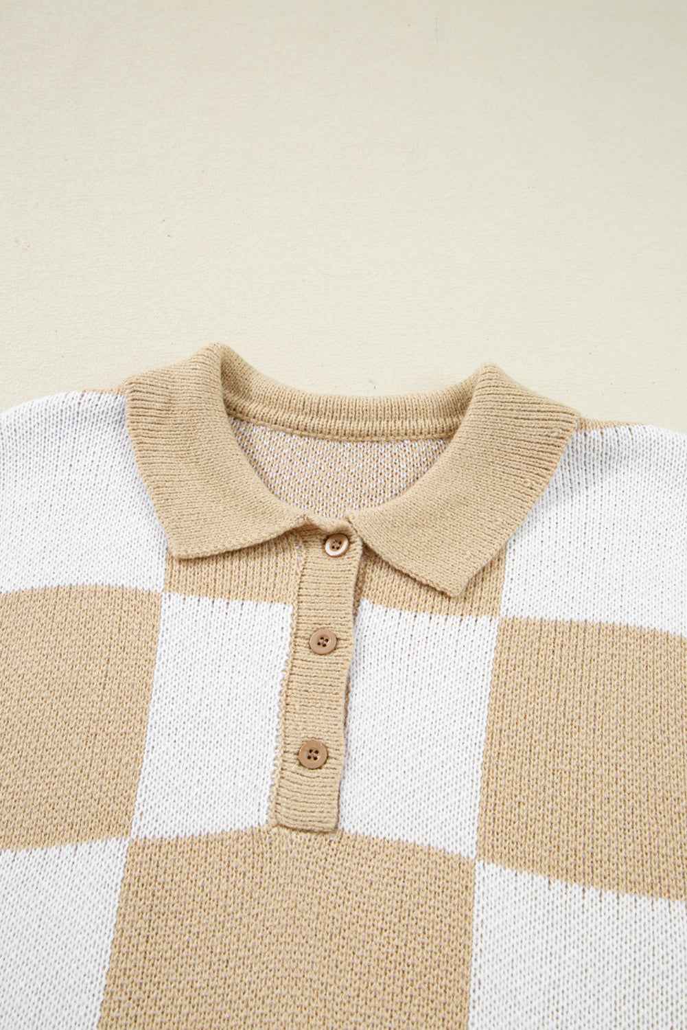 Mist Green Checkered V-Neck Collared Pullover Sweater