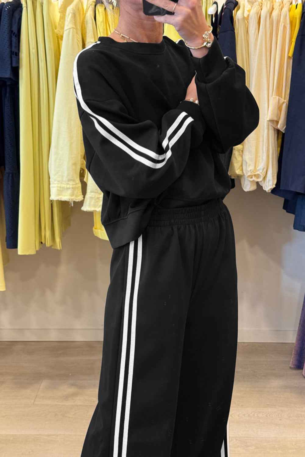 Gray Morn Varsity Striped Detail Cropped Pullover Wide Leg Pants 2pcs Outfit