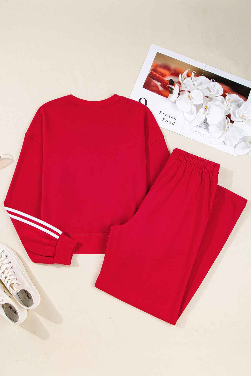 Gray Morn Varsity Striped Detail Cropped Pullover Wide Leg Pants 2pcs Outfit