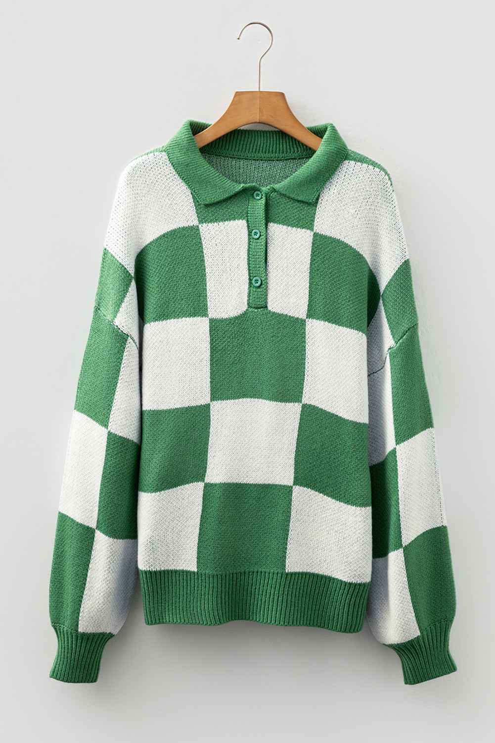 Mist Green Checkered V-Neck Collared Pullover Sweater