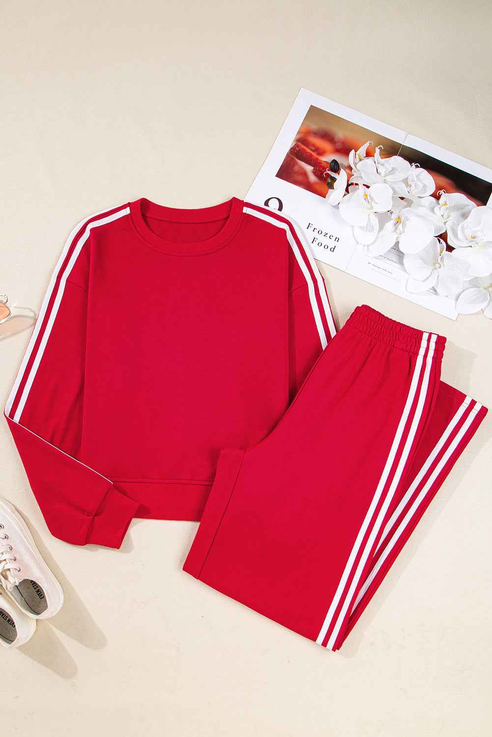 Gray Morn Varsity Striped Detail Cropped Pullover Wide Leg Pants 2pcs Outfit