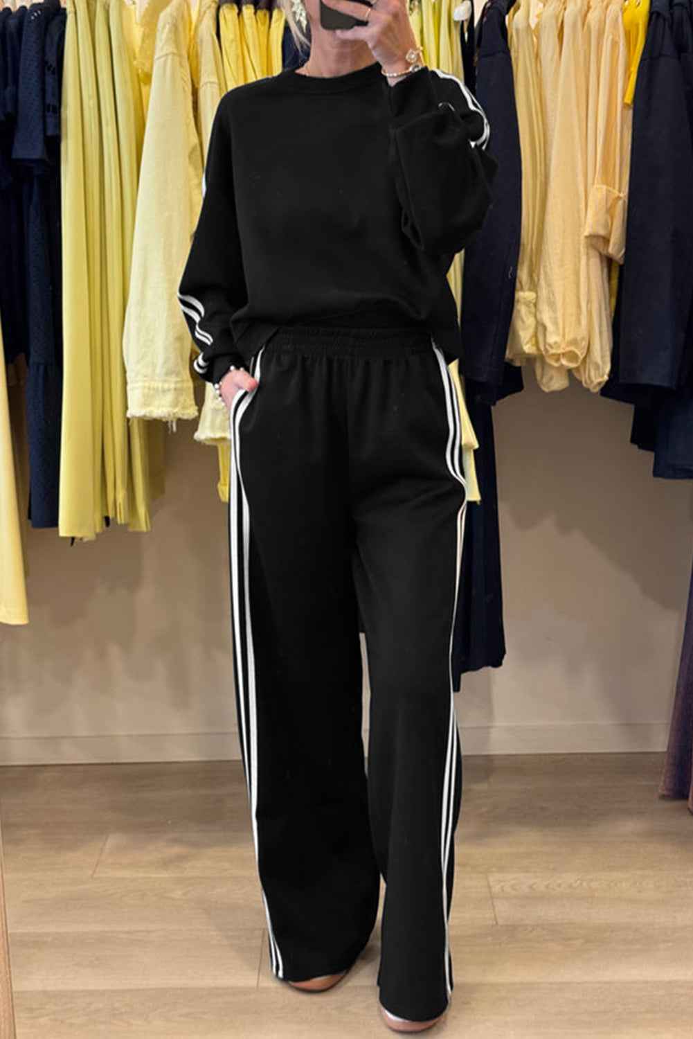 Gray Morn Varsity Striped Detail Cropped Pullover Wide Leg Pants 2pcs Outfit