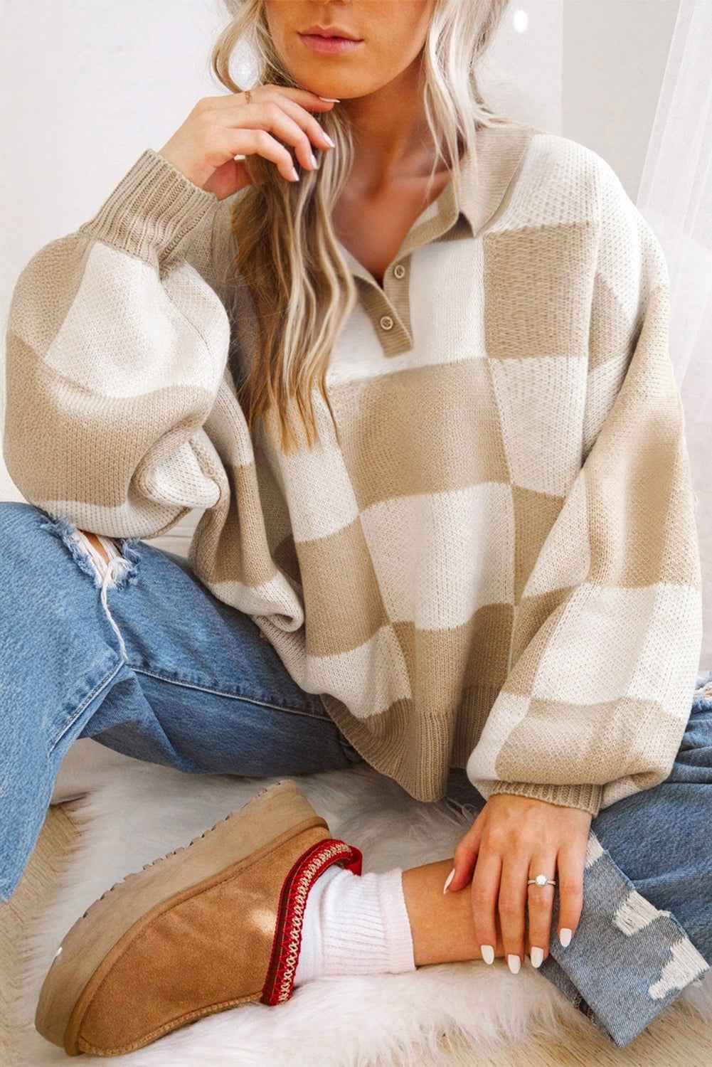 Mist Green Checkered V-Neck Collared Pullover Sweater