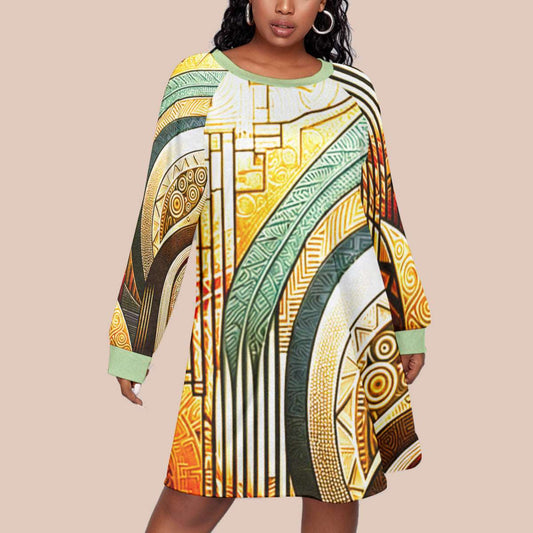 Green Stripes Print Women's Dress With Raglan Sleeve (Plus Size)