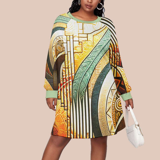 Green Stripes Print Women's Dress With Raglan Sleeve (Plus Size)