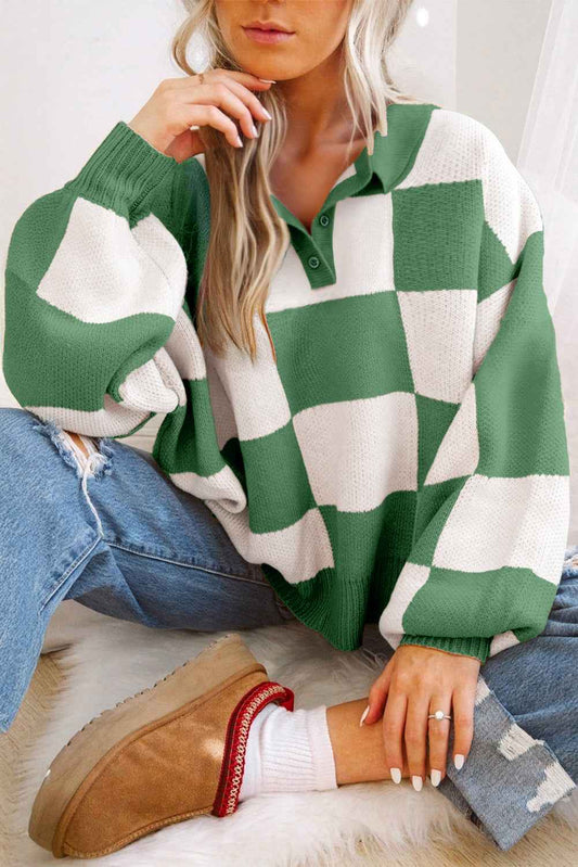 Mist Green Checkered V-Neck Collared Pullover Sweater