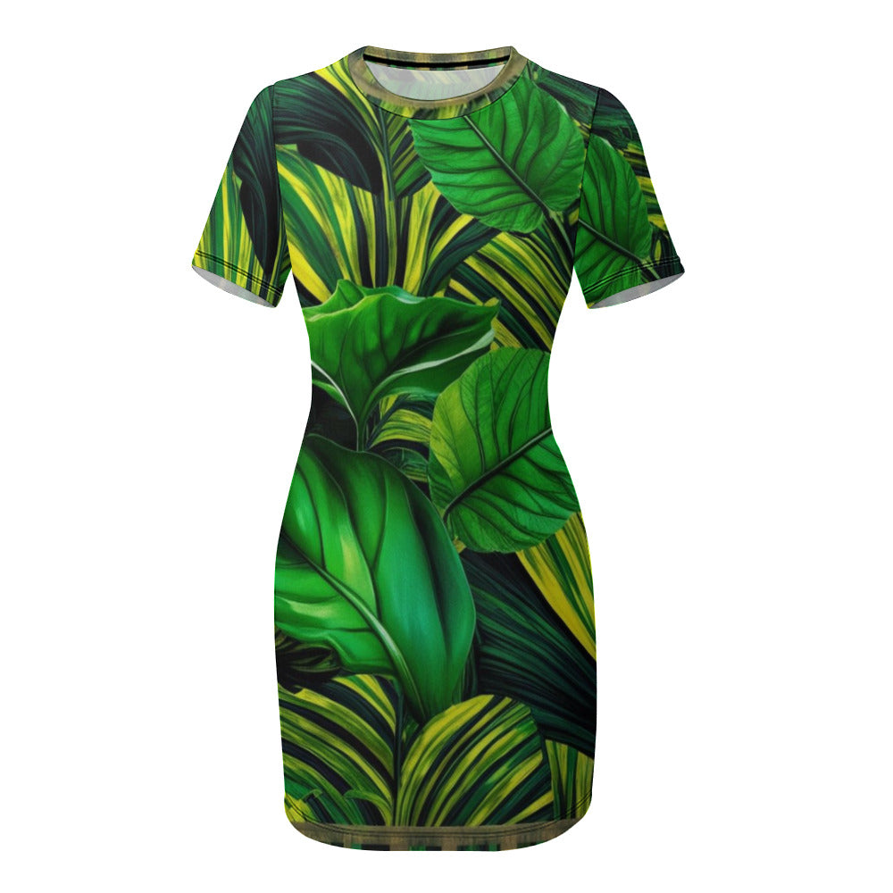 Graphic Leaves Crew Neck Short Sleeve Dress