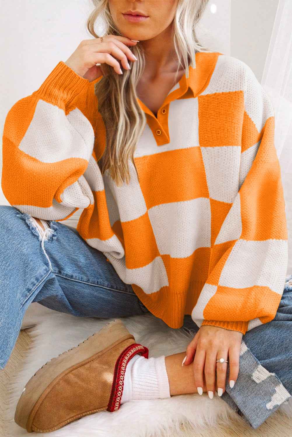 Mist Green Checkered V-Neck Collared Pullover Sweater