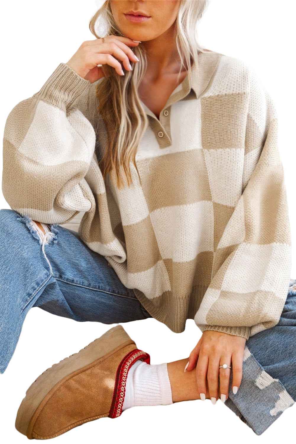 Mist Green Checkered V-Neck Collared Pullover Sweater